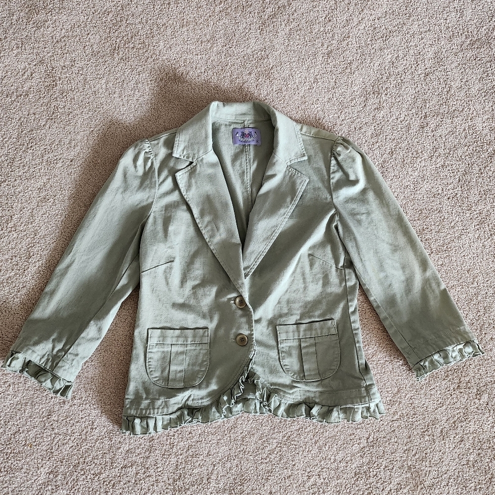 Juicy Couture Light Sage Green Ruffle Blazer size US 8 fits smaller